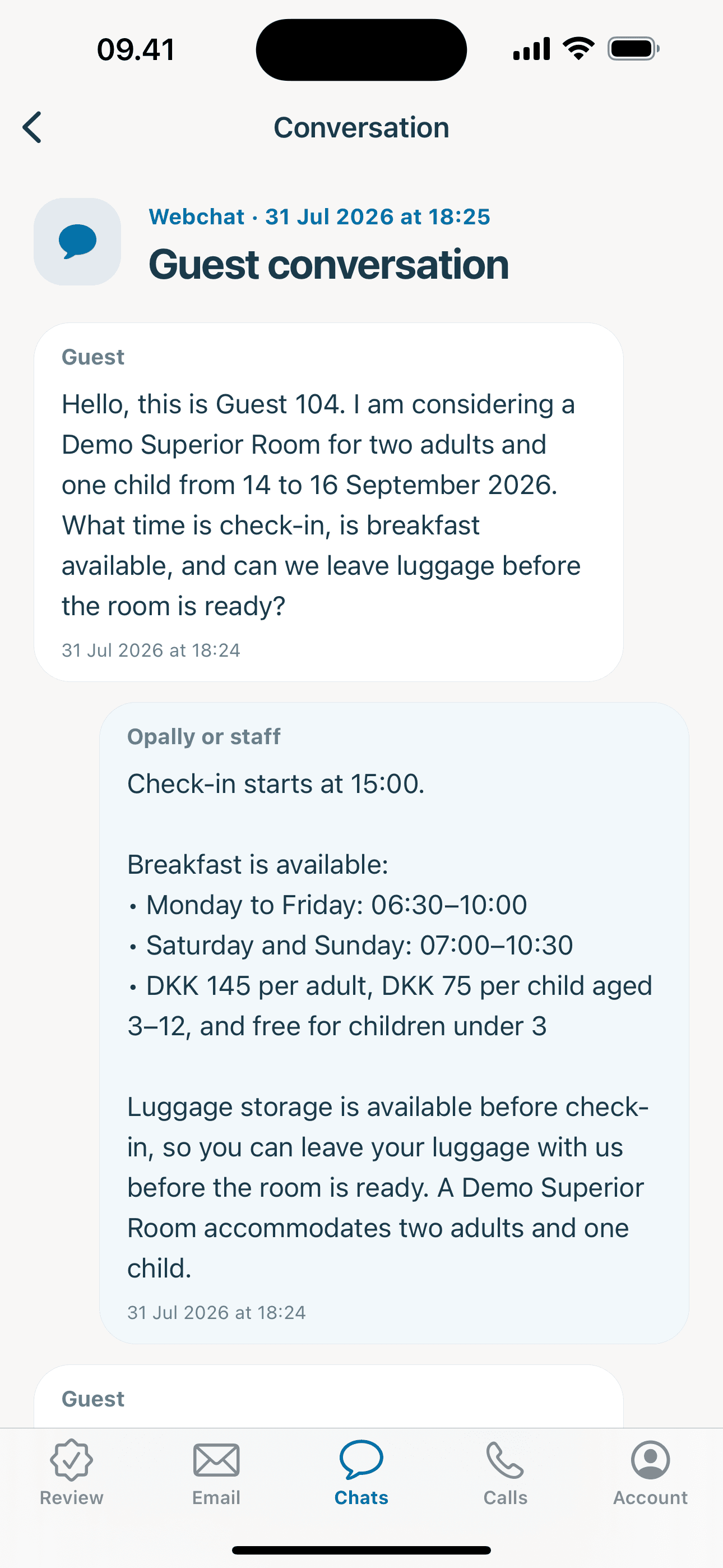 Opally för iPhone med en agentåtgärd, ett mejl och en gästkonversation